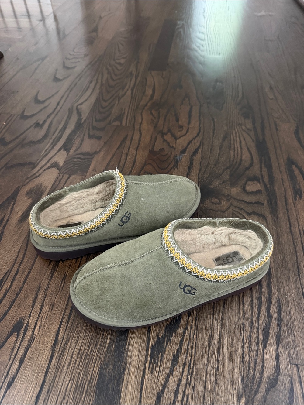 UGG Olive Suede Shearling-Lined Slip-On Clogs with Braided Trim